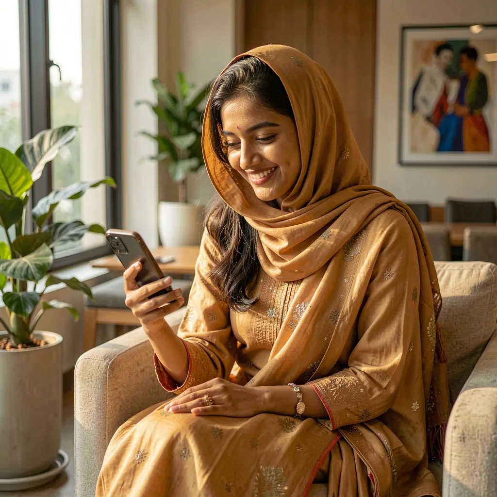 Smiling Bangladeshi woman holding her phone while exploring casino games inside the QQQ777 mobile app in a warm modern setting