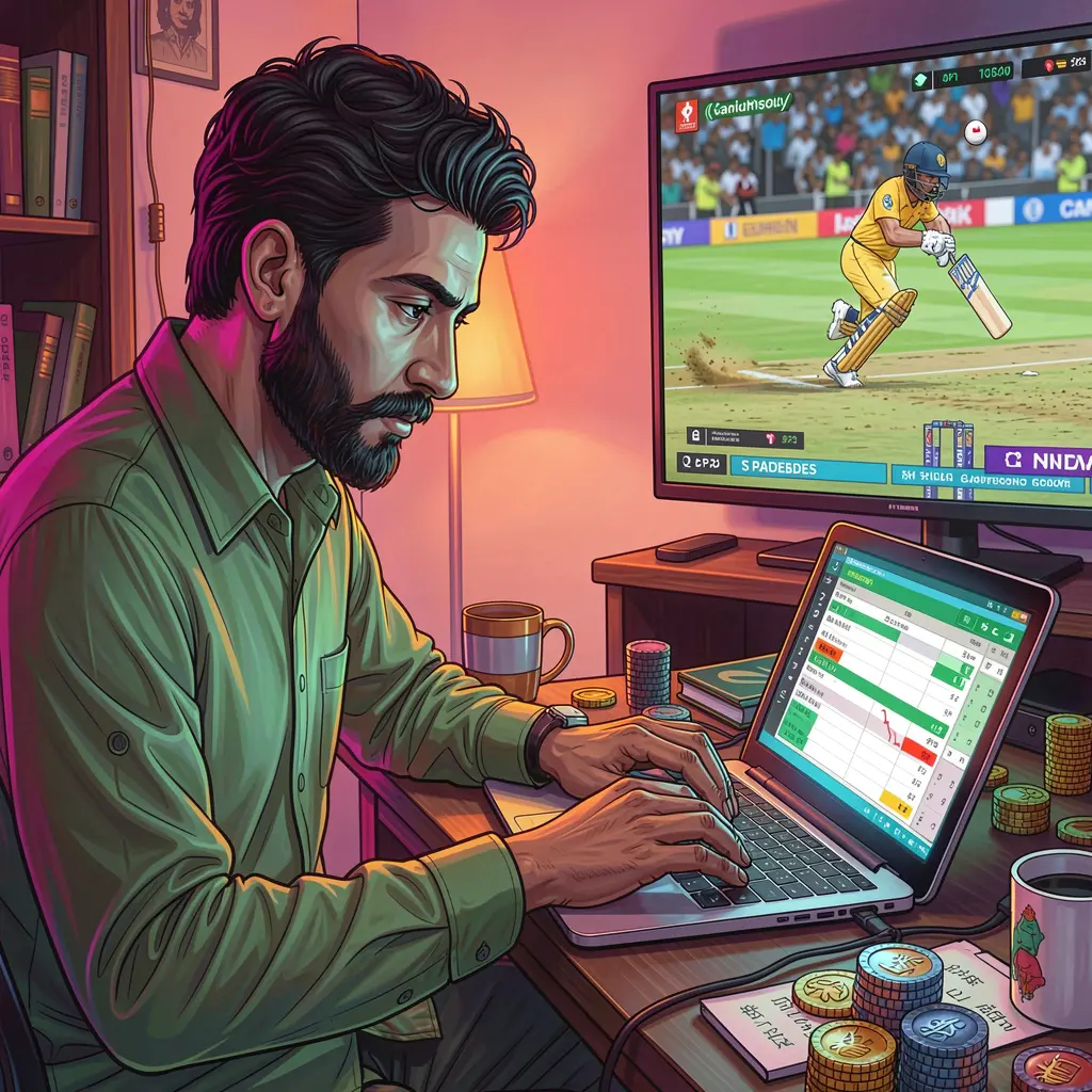 Focused Bangladeshi sports bettor analyzing cricket odds on a laptop with live match visuals while using the QQQ777 betting platform