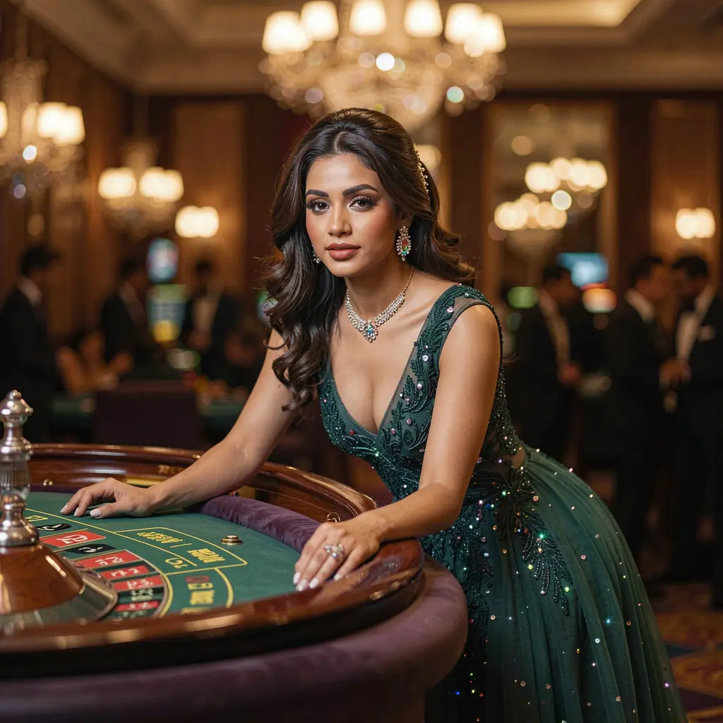 Glamorous casino atmosphere with a luxury roulette table and sparkling lights featuring a confident woman in an elegant gown at QQQ777 online casino in Bangladesh