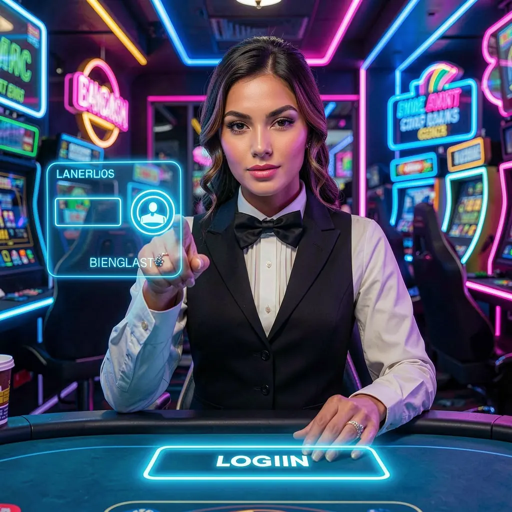 Professional Bangladeshi casino dealer pointing at a glowing login button inside a futuristic QQQ777 casino interface