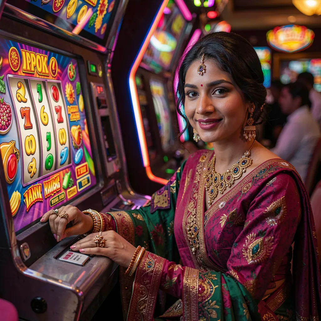Elegant Bangladeshi woman in traditional attire enjoying bright slot machines with jackpot symbols at QQQ777 casino in a cinematic gaming atmosphere